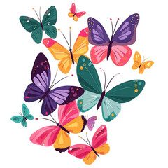 A vibrant collection of colorful illustrated butterflies in flight.