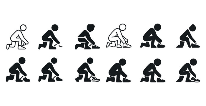 Pictogram sequence of people tying shoelaces in various positions