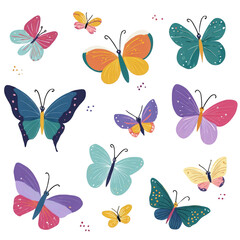 A vibrant collection of colorful hand-drawn butterflies.