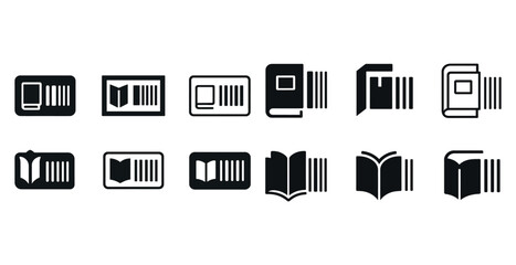 Set of 12 book and barcode icons with open and closed books