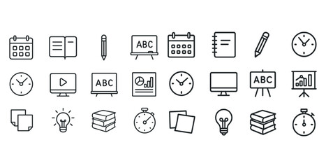 Collection of education and office icon set featuring clocks and calendars