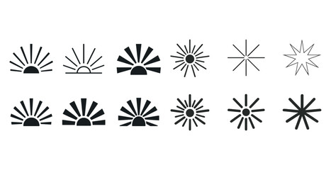 Sunburst and sunrise icon set in various geometric styles