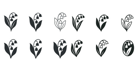 Black and white lily of the valley icon set with various floral designs