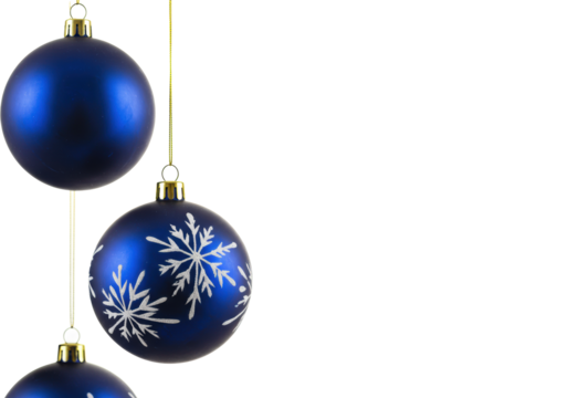 Four spherical deep sapphire blue christmas ornaments, two glossy, two with white snowflakes, hanging on golden strings on a transparent studio background, elegant holiday display.