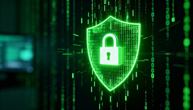 Glowing digital shield with padlock icon representing cyber security on futuristic technology background. Data protection and network safety concept with copy space on the left. - Powered by Adobe