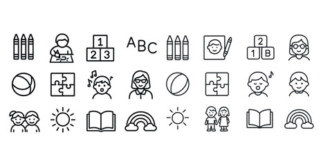 Set of education and childhood icons featuring puzzles, books, crayons, and children