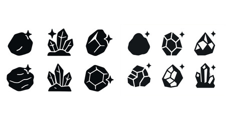 Fototapeta premium Stylized black crystal and gemstone icons with sparkle elements