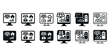 Business analytics icons: growth, charts, computers, buildings, monochrome set