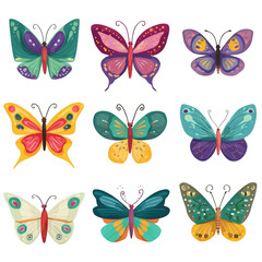 A vibrant collection of nine beautifully illustrated butterflies.