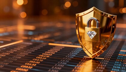 Glowing digital shield with padlock icon representing cyber security on futuristic technology background. Data protection and network safety concept with copy space on the left.