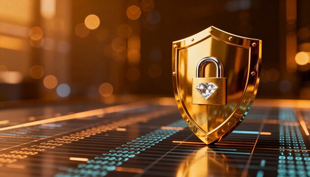 Glowing digital shield with padlock icon representing cyber security on futuristic technology background. Data protection and network safety concept with copy space on the left.