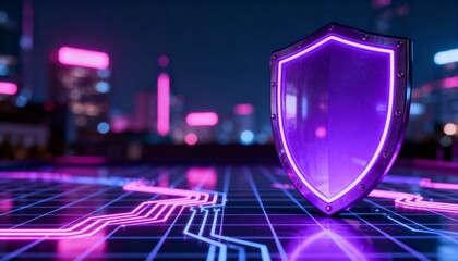 Glowing digital shield with padlock icon representing cyber security on futuristic technology background. Data protection and network safety concept with copy space on the left.
