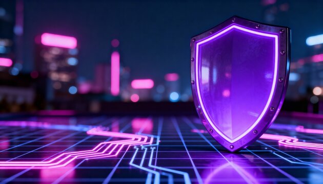 Glowing digital shield with padlock icon representing cyber security on futuristic technology background. Data protection and network safety concept with copy space on the left. - Powered by Adobe