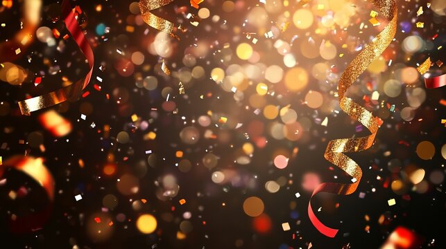 Celebrate success with vibrant gold confetti and ribbons perfect for festive occasions and New Year's Eve parties or any joyful celebration event