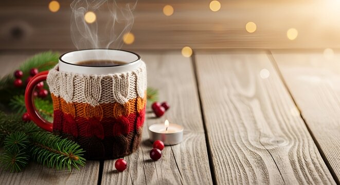 Cozy coffee mug with steam and seasonal decorations on table with space for text - Powered by Adobe