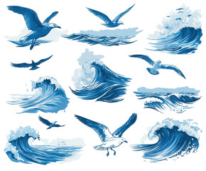Collection of illustrated blue ocean waves and flying seagulls.