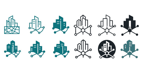 Obraz na płótnie Canvas Abstract city network icons collection featuring building and node designs