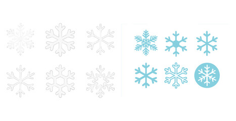 Assorted snowflake designs: outlined and blue variations on white background
