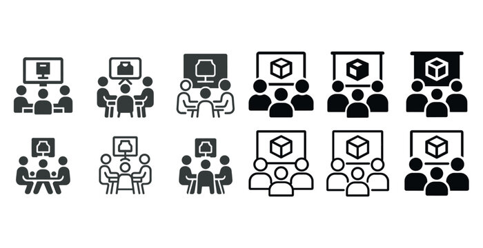 Icon set of collaborative group meetings and presentations in various styles