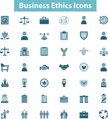 Business ethics icon set. Compliance, fairness, integrity, loyalty, trust, equality, code of conduct, honesty, anti corruption, transparency.
