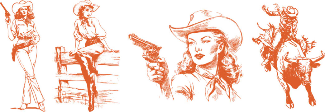 Orange cowgirl vintage set with revolver girl, ranch cowgirl, and rodeo bull rider. Retro sketchy art. Western Americana and wild country illustration.