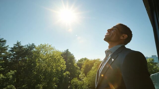 Sunshine Serenity: A man revels in the radiant sun's embrace, his face lifted towards the heavens, enveloped by a bright, open sky. A scene of serenity and well-being.