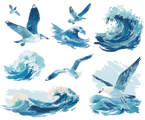 Collection of illustrated seagulls flying over blue ocean waves.