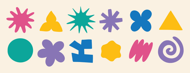 clouds and flower shapes sticker doodle retro set. Groovy funky flower, bubble, star, loop, waves trendy retro 90s 00s cartoon style.