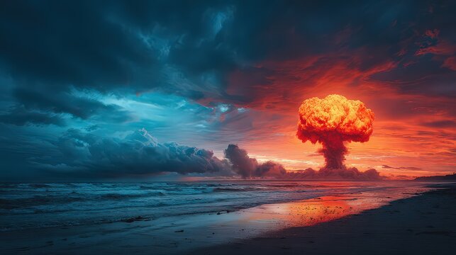 Apocalyptic Beach Scene with Explosion and Dramatic Sky Reflecting on Wet Sand and Ocean