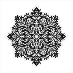 Black and White Snowflake Mandala Vector with Symmetrical Radial Design