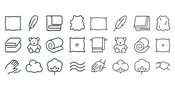 Set of line icons: pillows, blankets, towel, teddy bears, and cotton symbols - Powered by Adobe