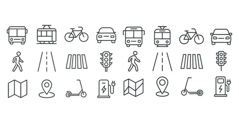 Naklejka premium Urban transportation icons: bus, tram, bicycle, car, pedestrian, road, traffic light