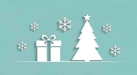 minimalist white christmas tree and gift box with snowflakes illustration on pastel blue background for winter holiday greeting card