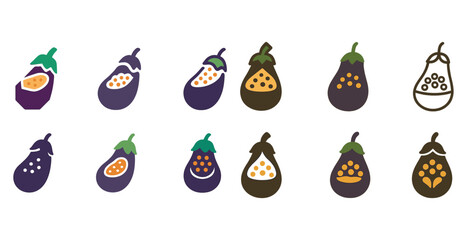 Fototapeta premium Variety of stylized eggplant icons in purple and brown hues
