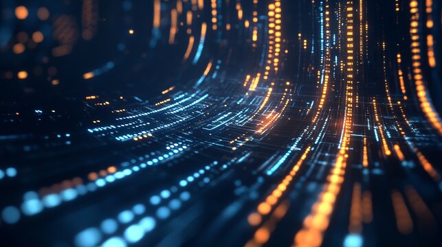 Futuristic data stream with glowing blue and gold lights showcases network connectivity for innovative tech companies needing high-impact visuals