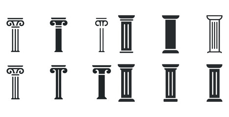 Fototapeta premium Set of various greek and roman column icons in black silhouette style