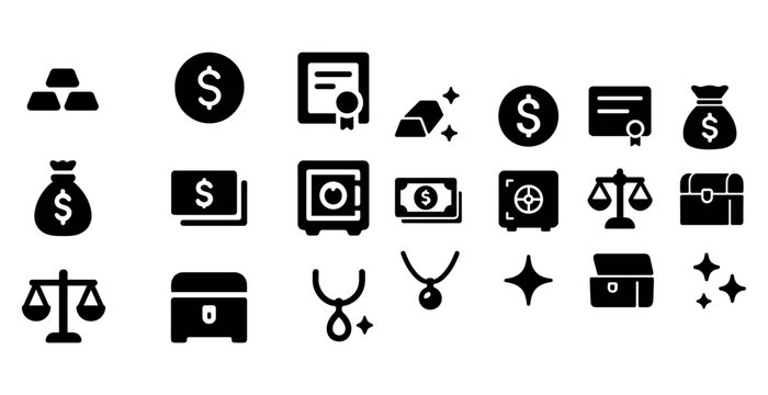 Financial and wealth icons: currency, gold, safe, jewelry, scales, and documents