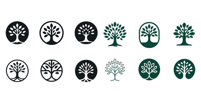 Set of minimalistic tree logos in black and green circle designs