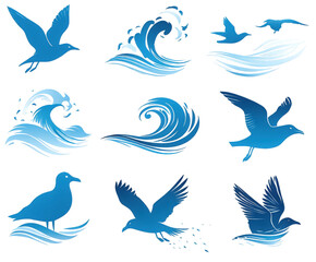 Set of blue stylized seagull and ocean wave icons.