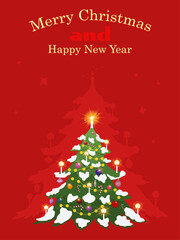Merry Christmas and Happy New Year greeting card.  A bright holiday card with a Christmas tree on a red background. Vector illustration