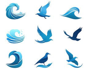 Set of blue ocean waves and flying seagull icons for logo design.