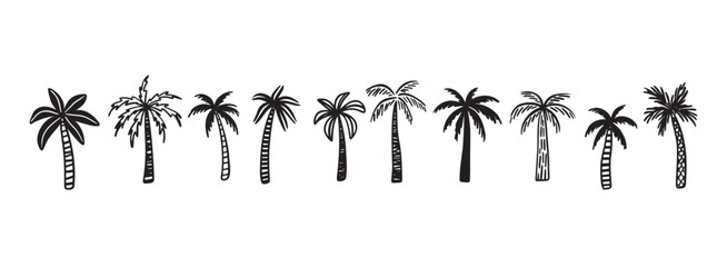 Palm tree tropical nature, vegetation doodle hand drawn icon set. Outline drawing palm tree tropical nature, vegetation line clipart symbol collection © Yanka