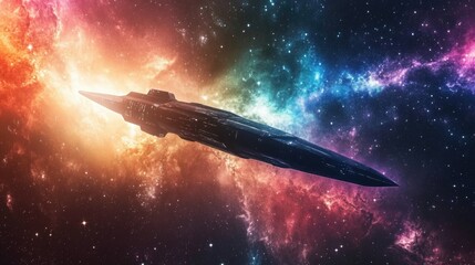 Obraz premium A mysterious spacecraft hovers over a vibrant cosmic landscape filled with stars and colorful nebulae