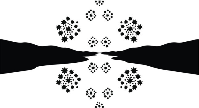 Abstract symmetrical pattern with starry elements on a white background, evoking a sense of wonder and infinity.