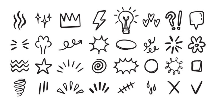 Expression sign hand drawn doodle set for concept design. Expression elements isolated on white background.