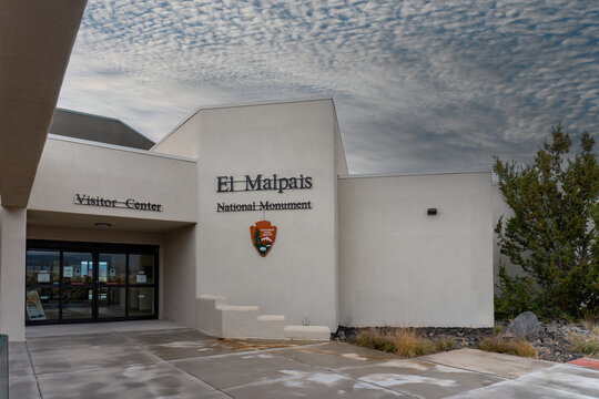 El Malpais National Monument in New Mexico. National Park Service visitor Center with arrowhead emblem. 