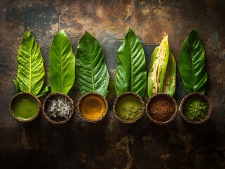 Exploring natural ingredients green leaves and colorful powders for organic skincare remedies and wellness