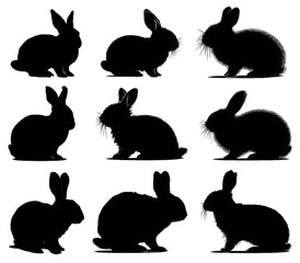 A collection of nine black rabbit silhouettes in various poses.