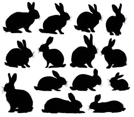 A collection of black rabbit silhouettes in various poses.