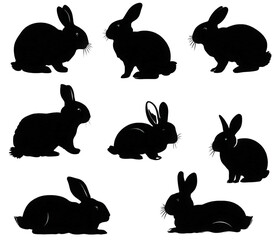A collection of black rabbit silhouettes in various poses isolated on white.